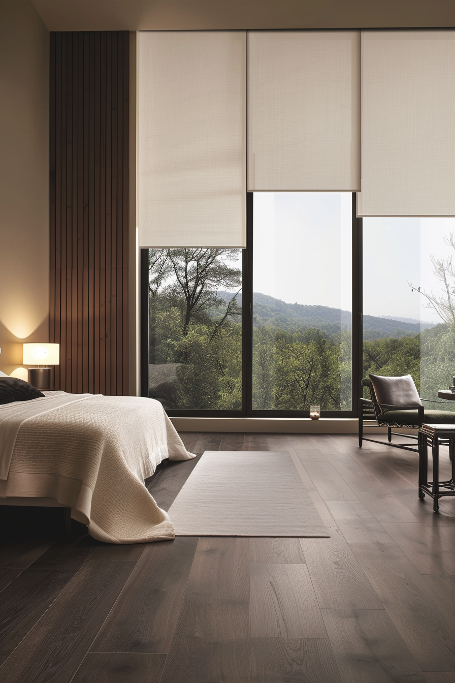 Motorized blinds and smart lighting in a tech-savvy modern bedroom