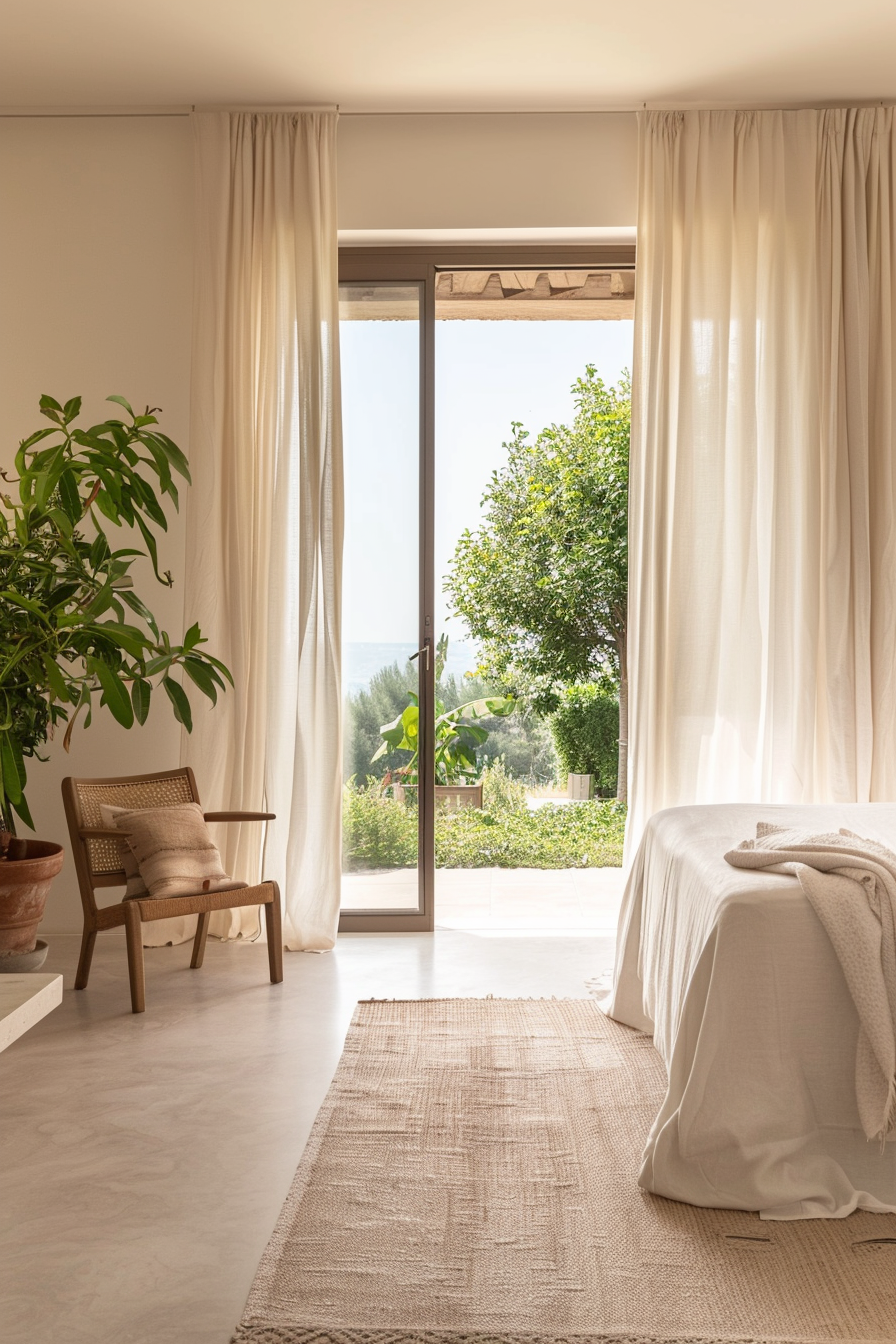 Indoor-outdoor connection with large windows and terrace access in an Italian bedroom