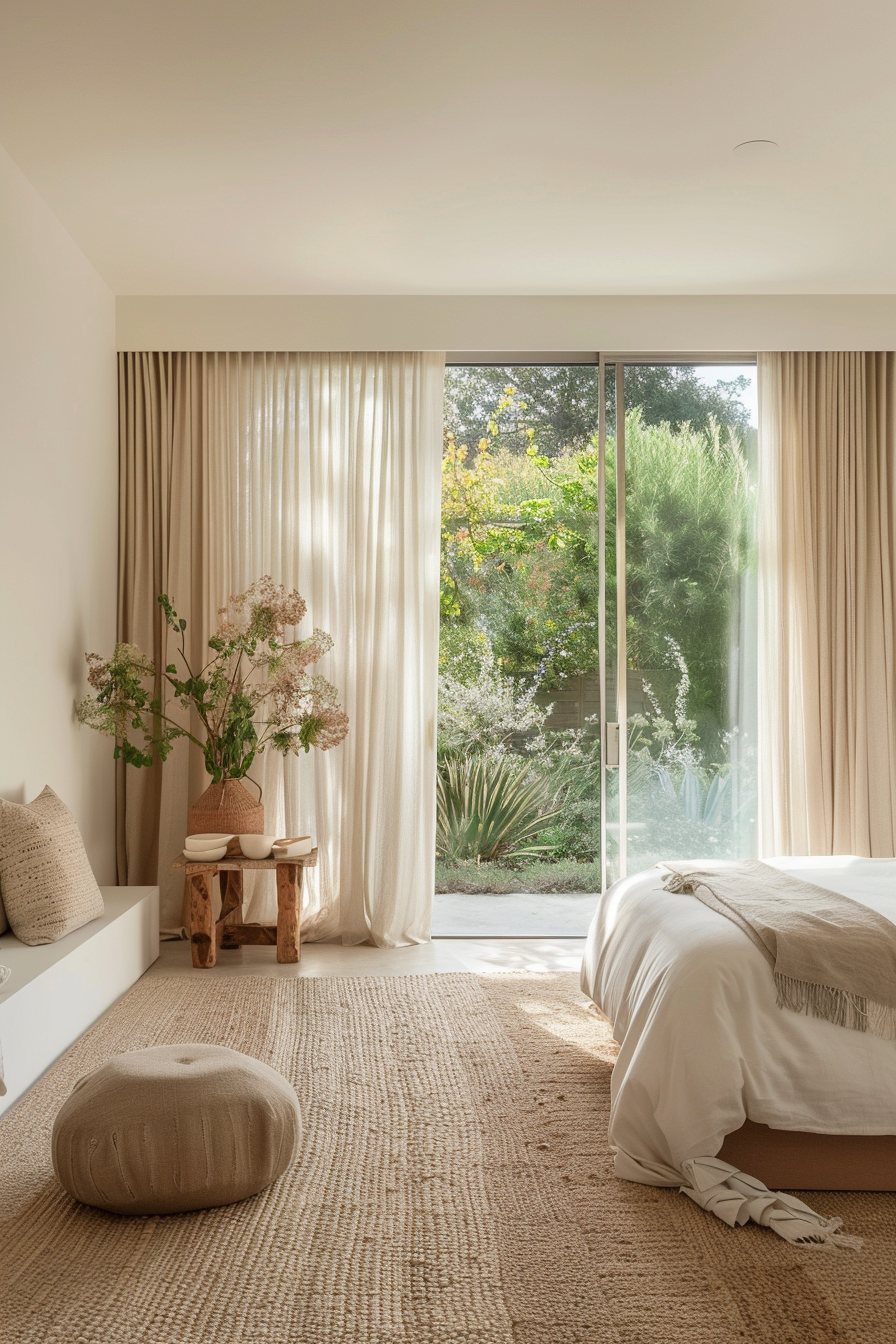 Natural decor and large windows creating an indoor-outdoor feel in a bedroom