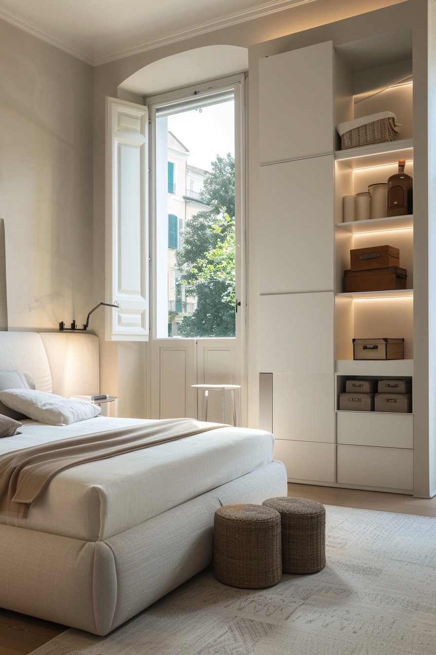 Built-in storage and minimalist decor in a clutter-free bedroom