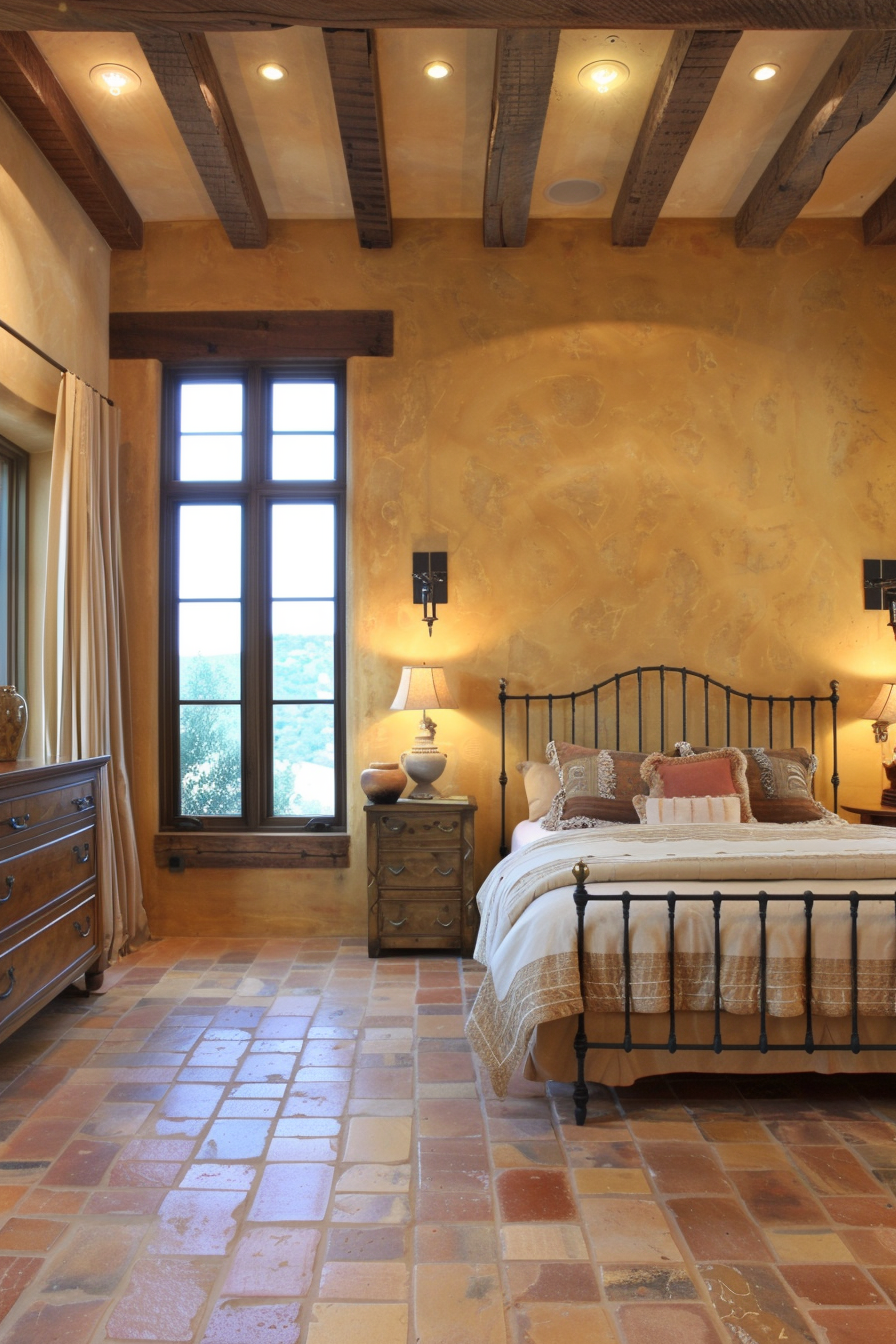 Earthy tones and rustic furniture in a Tuscan-style modern bedroom