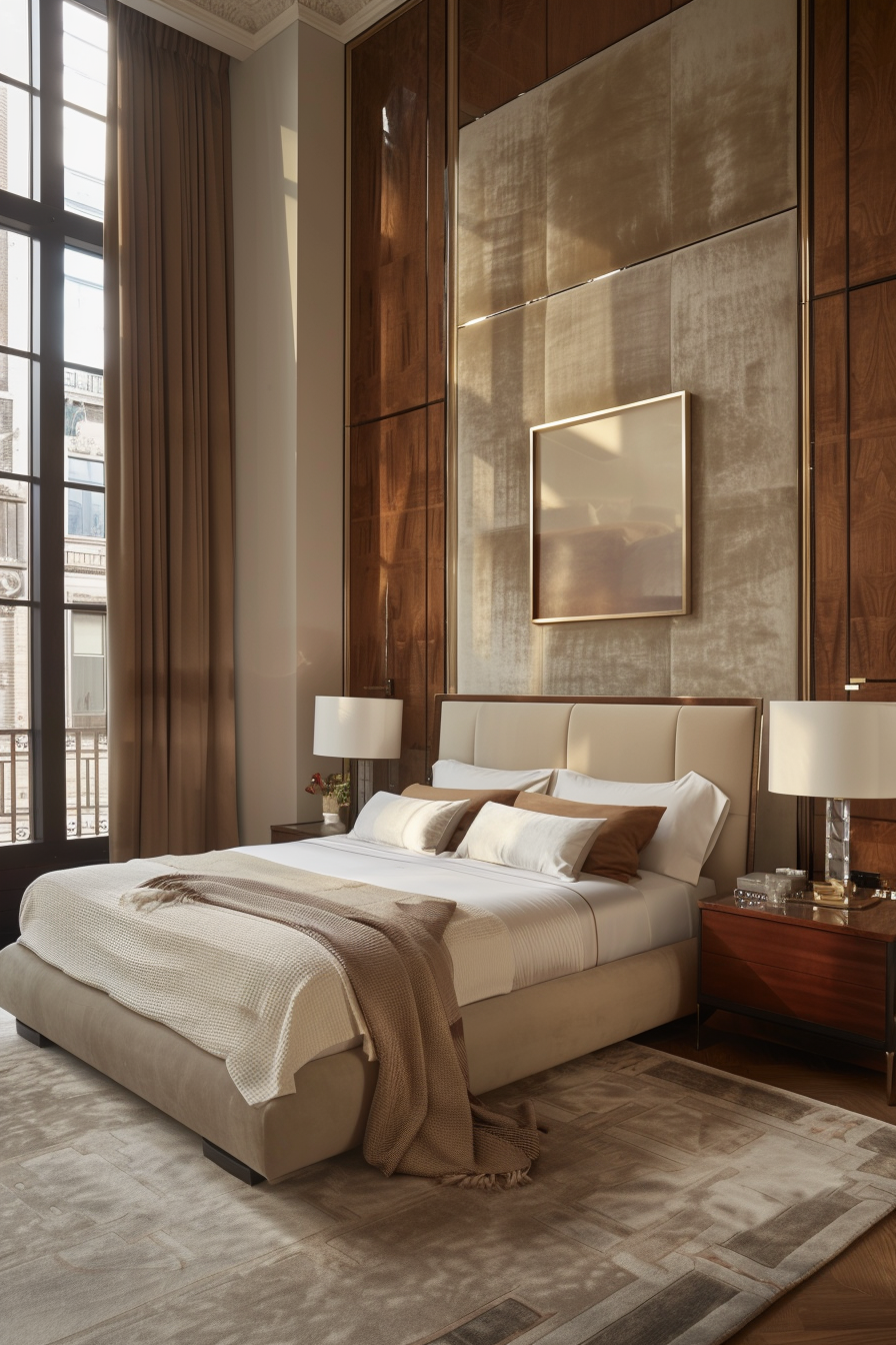 Richly textured curtains and plush area rugs in a luxurious Italian modern bedroom