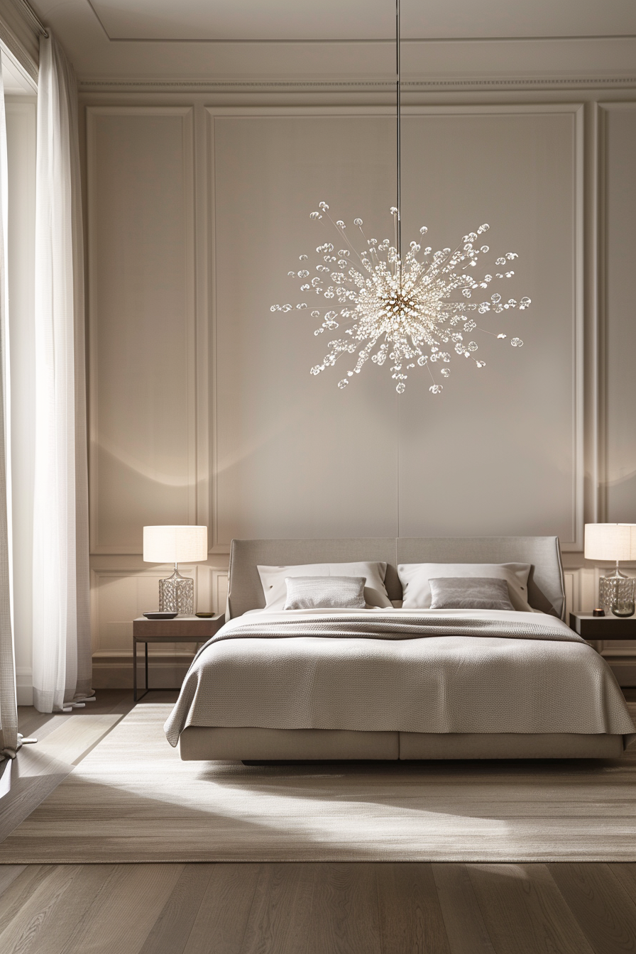 Modern chandelier and sculptural floor lamp in an Italian bedroom