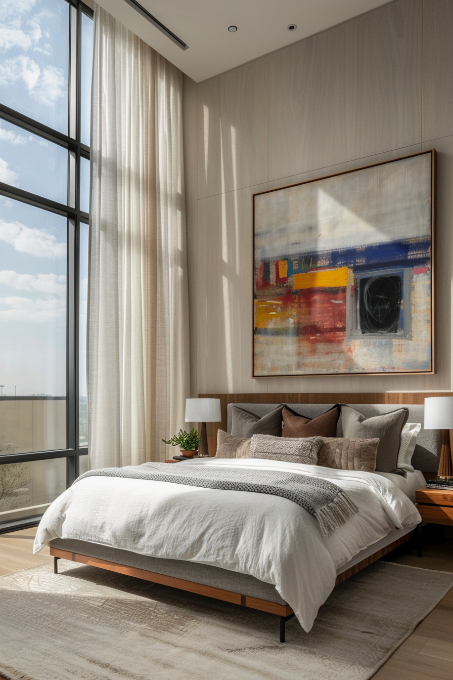 Large statement art piece in an Italian modern bedroom
