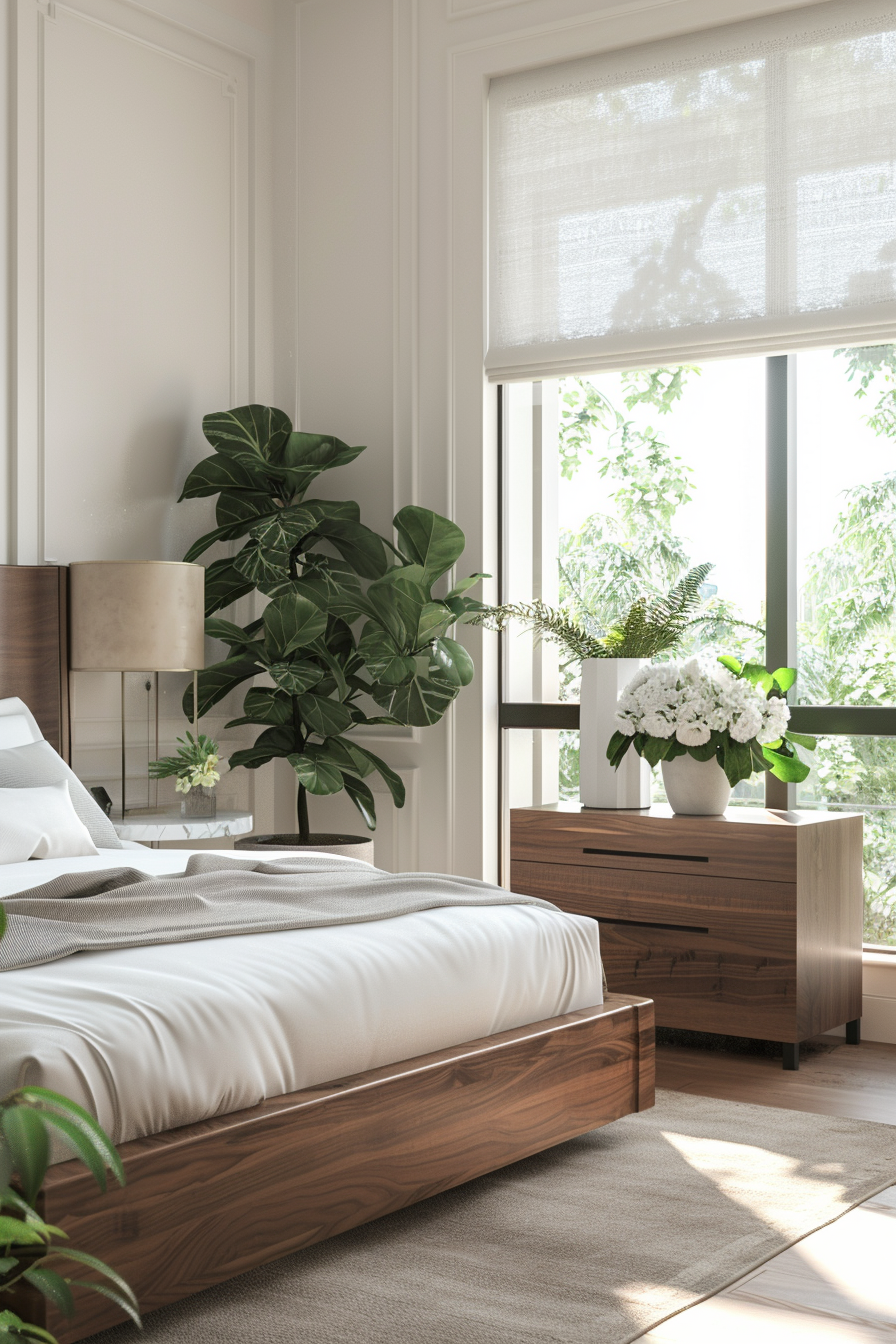 Natural elements like wood and plants in an Italian modern bedroom