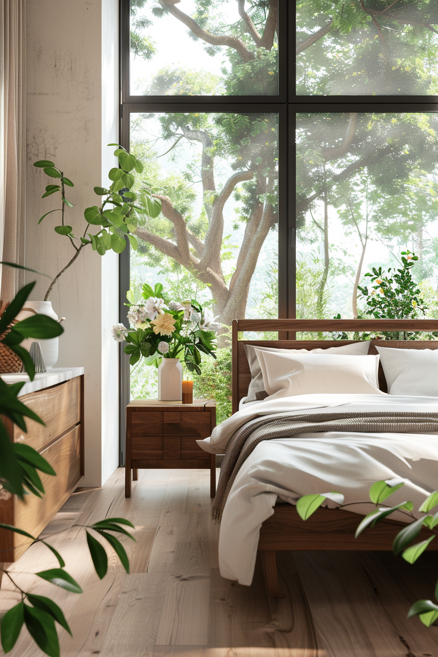 Stone elements and live plants enhancing a modern Italian bedroom