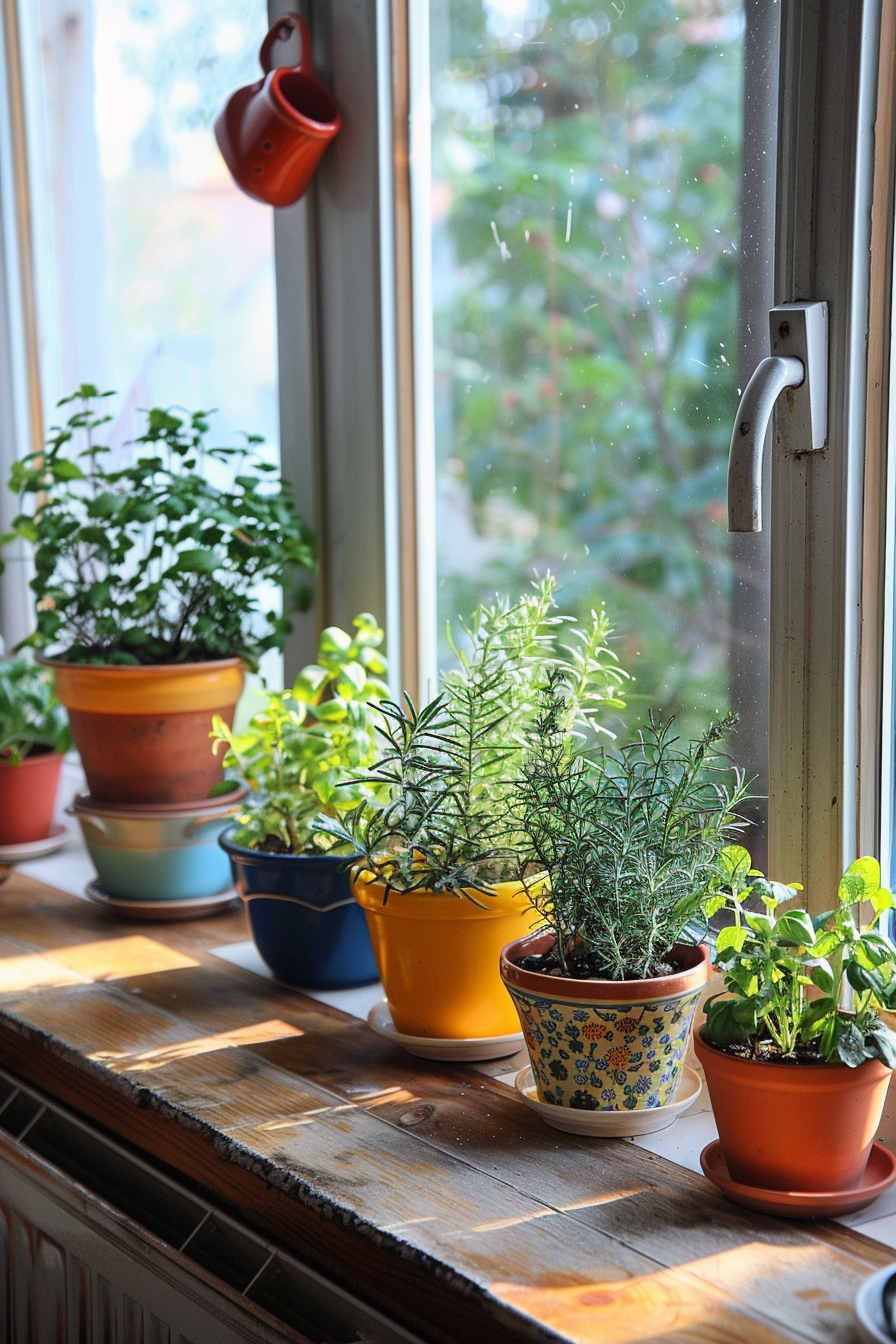 Kitchen windowsill with pots of aromatic herbs like rosemary and thyme.