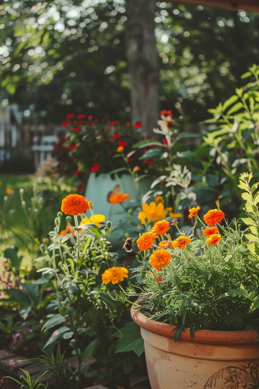 Backyard garden with nectar-rich flowers attracting bees and butterflies.
