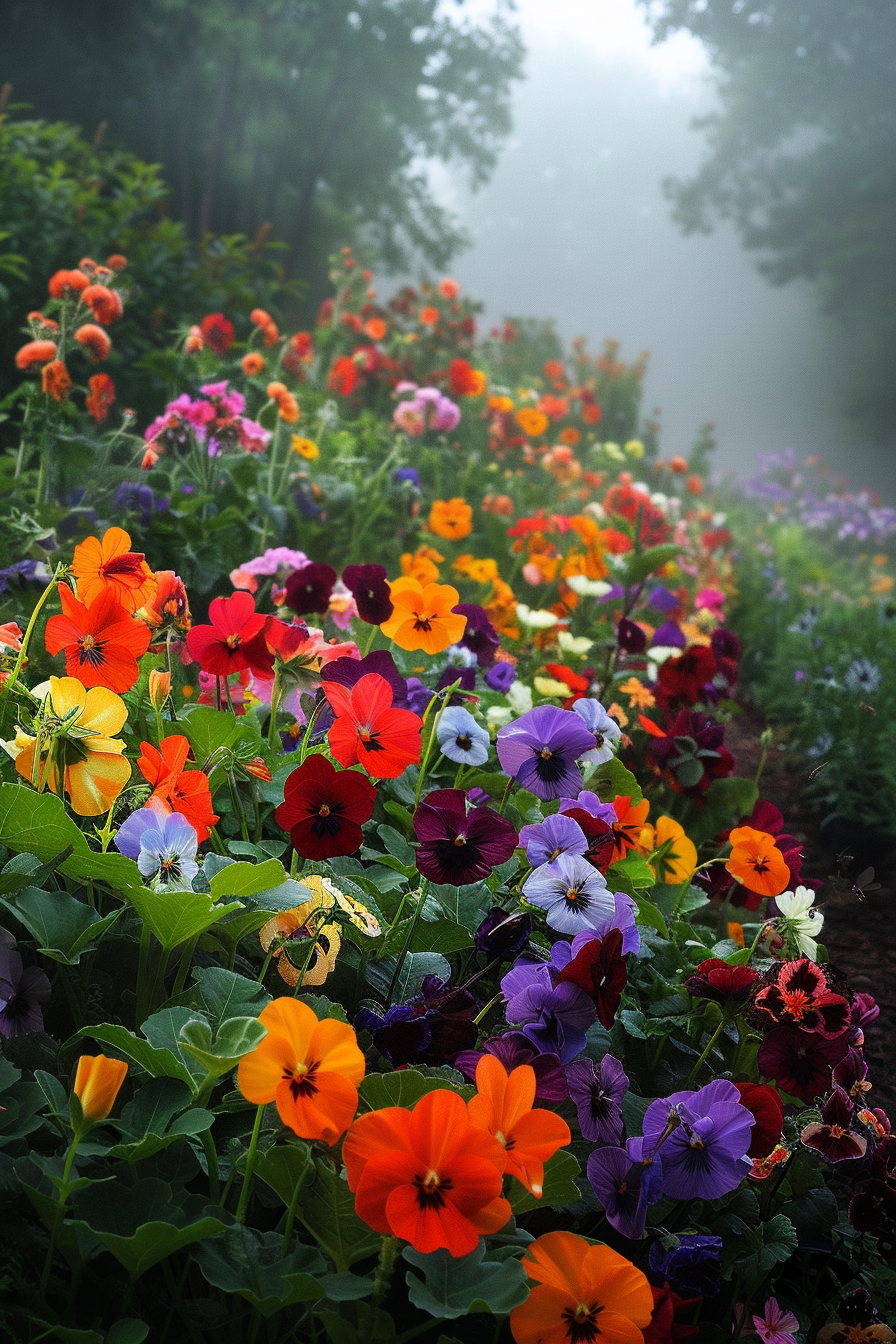 Garden bed with colorful edible flowers like nasturtiums.