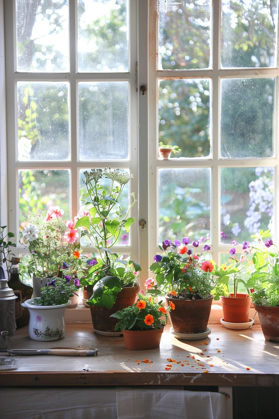 Kitchen windowsill with pots of edible flowers for cooking.