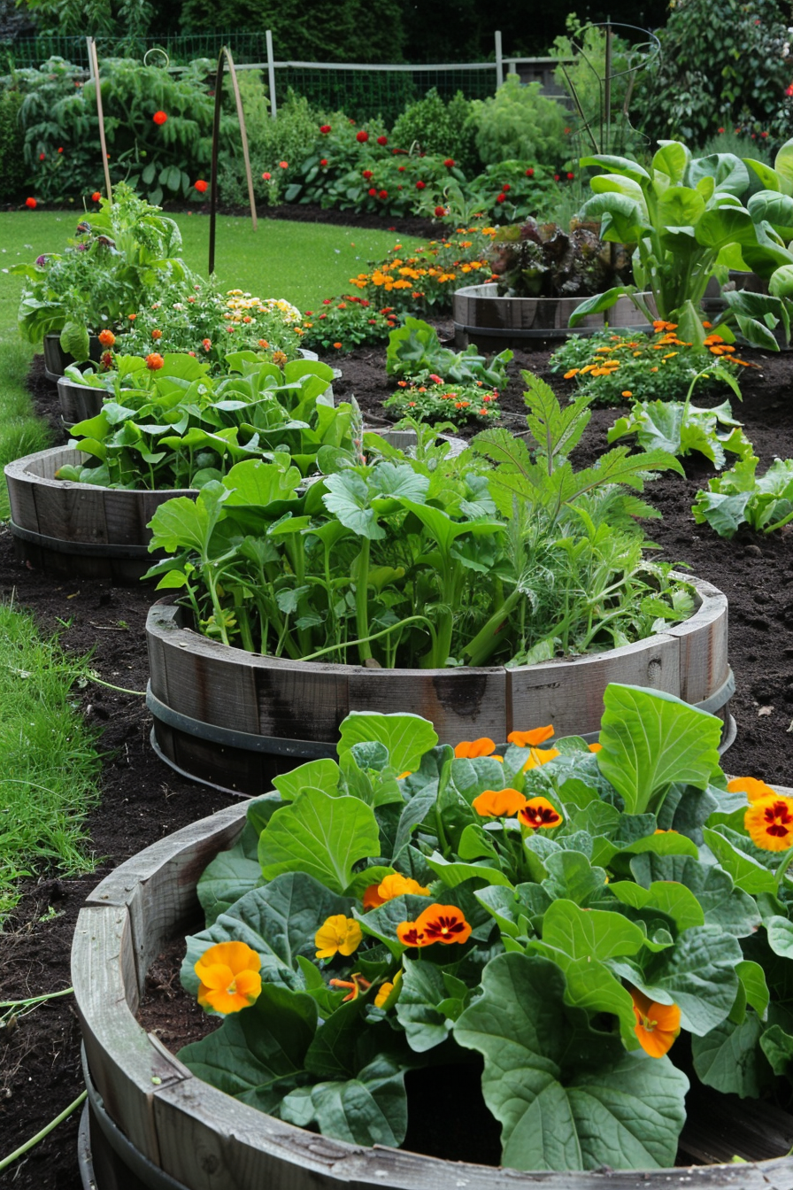 Outdoor garden with vegetables and edible flowers growing together.