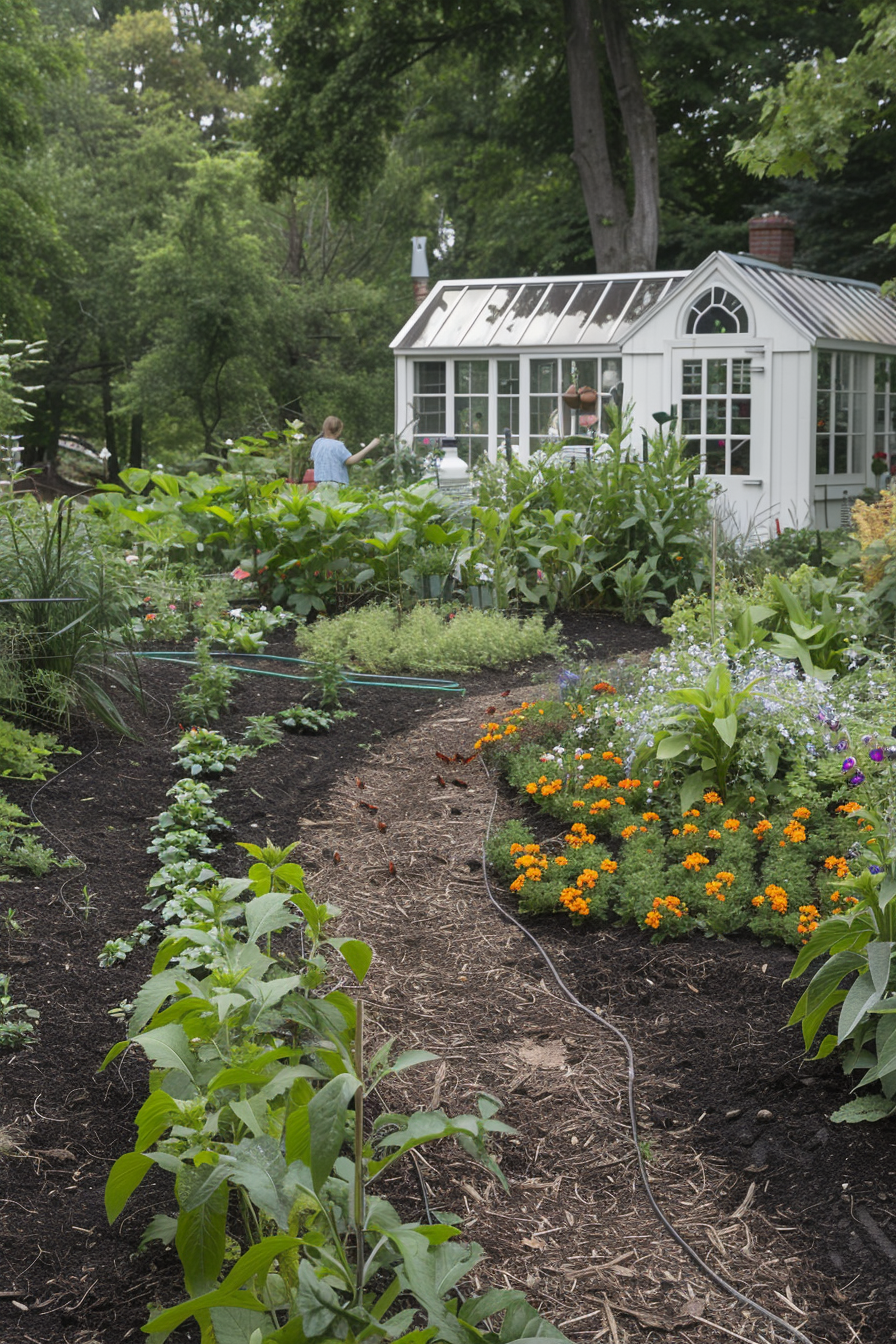 Outdoor garden with organic practices and natural pest controls.