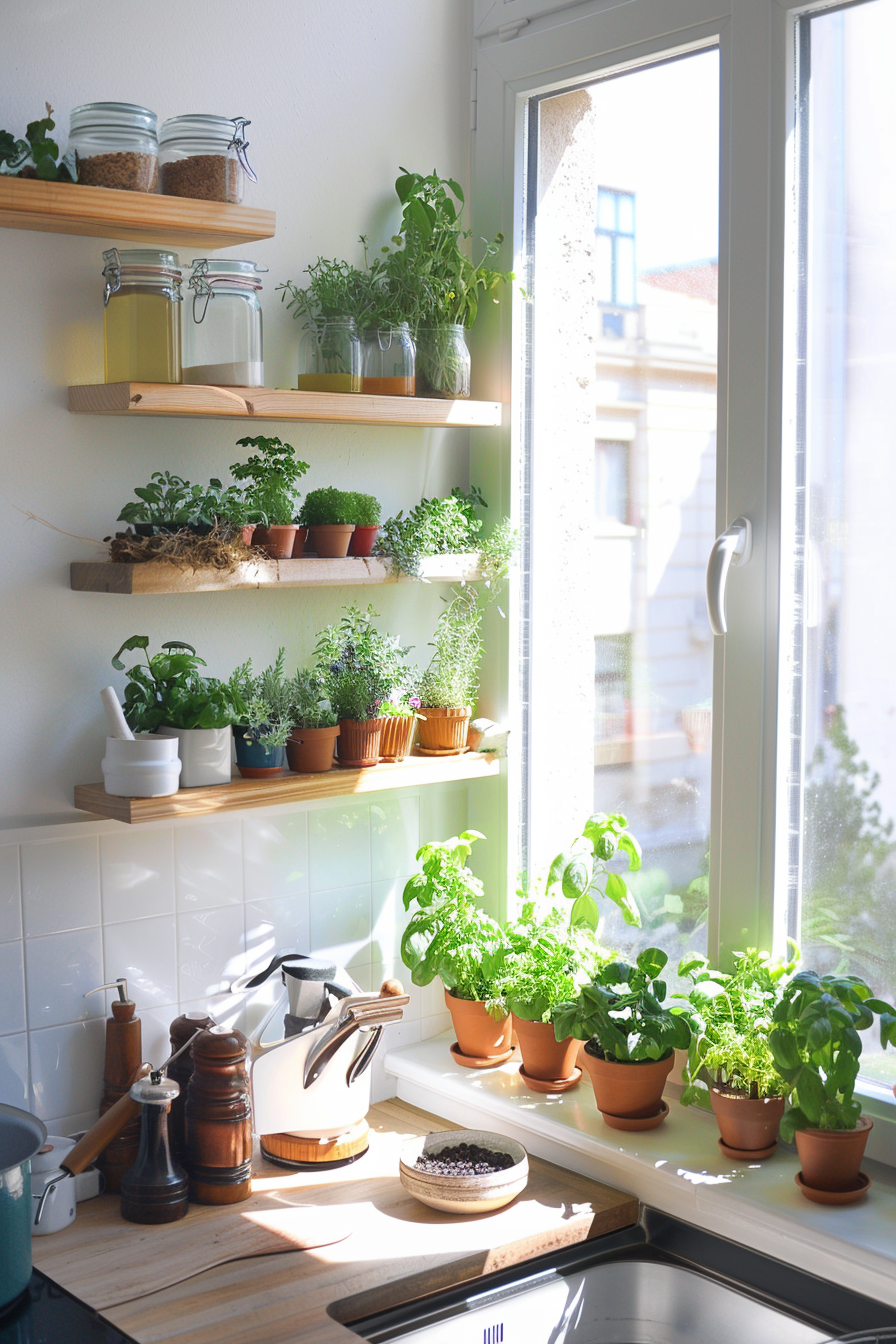 Indoor garden with herbs and vegetables on windowsills and vertical racks.