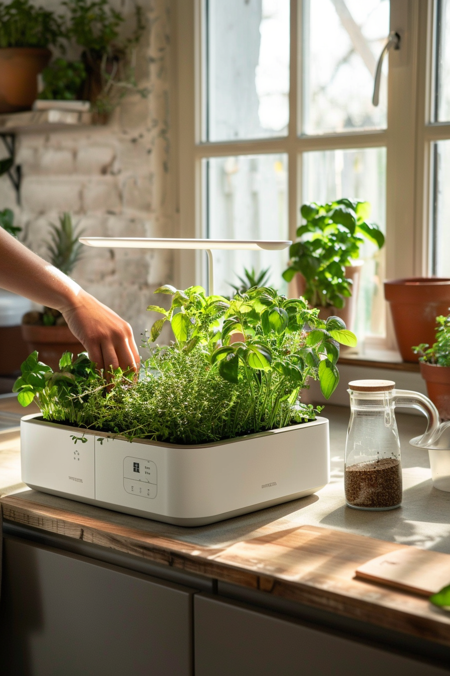 Hydroponic system on a kitchen countertop growing fresh herbs.