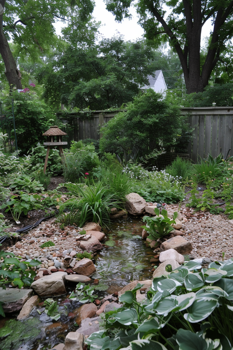 Kitchen garden with natural landscape elements and diverse plants.