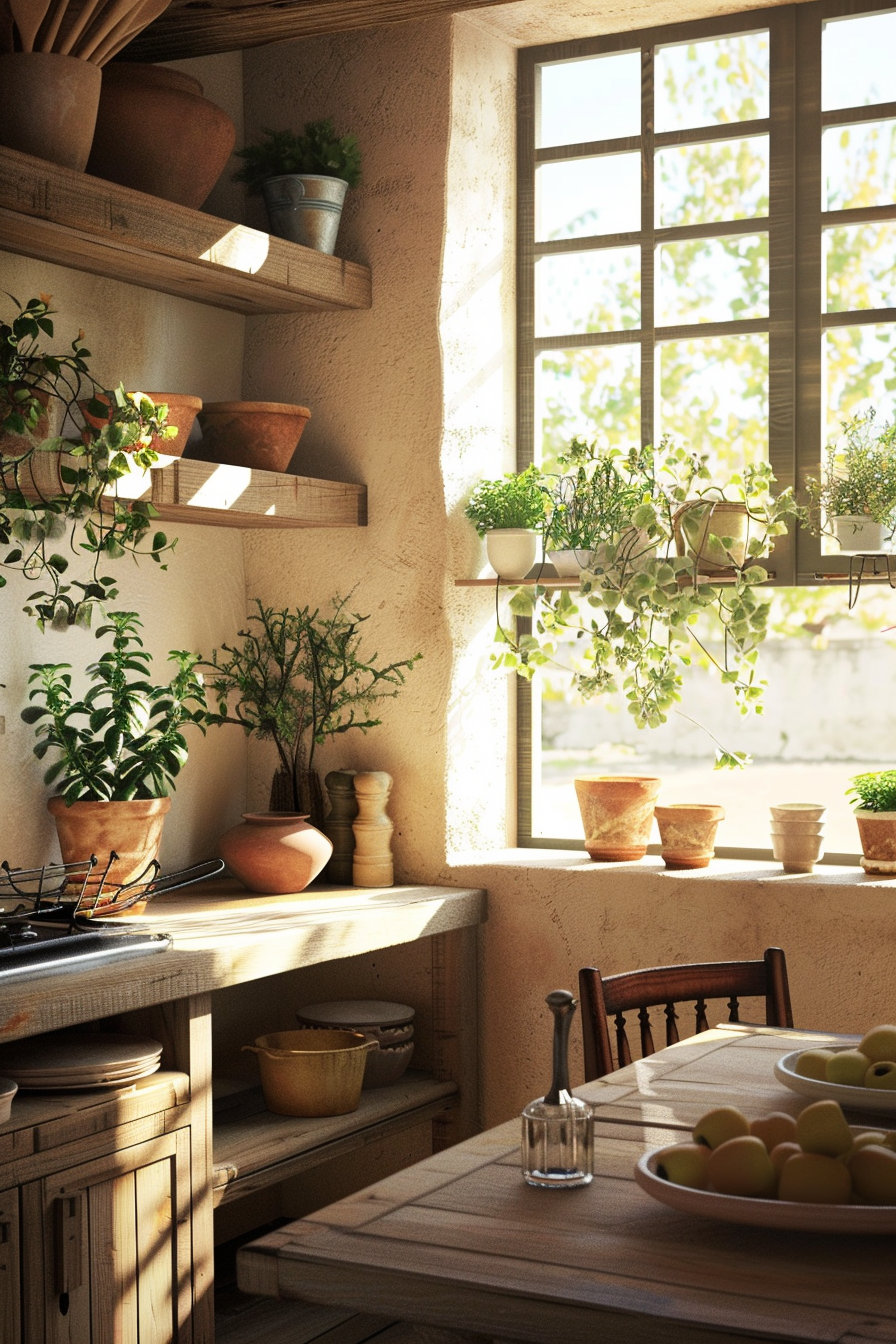 Kitchen nook with plants arranged to mimic natural landscapes.