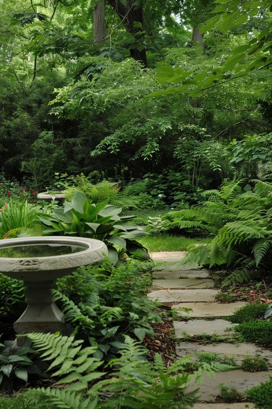 Outdoor garden with diverse plantings and natural water element.