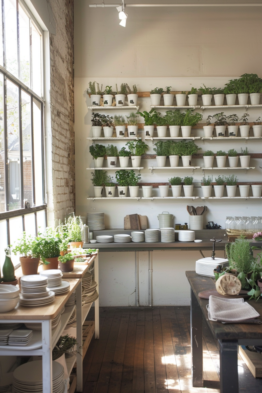 Vertical garden arrangement with tiered shelves in a kitchen.