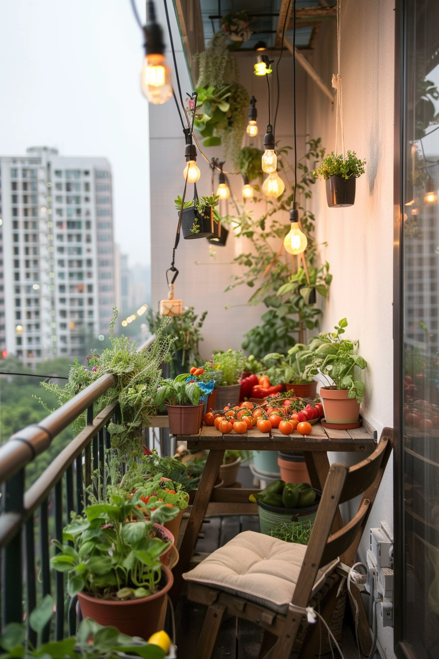 Small patio garden with diverse potted plants.
