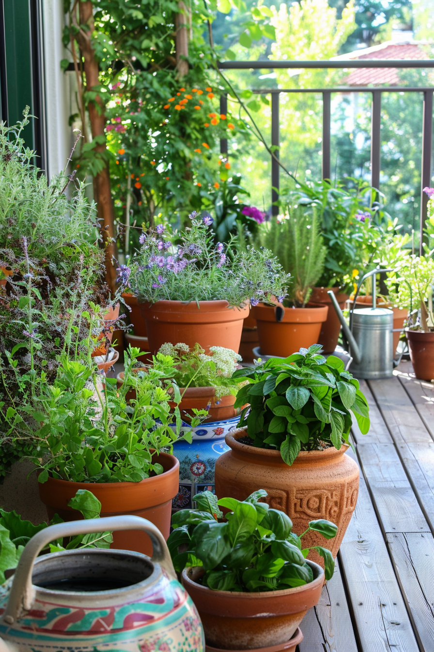 Outdoor plants thriving in containers on a small patio.