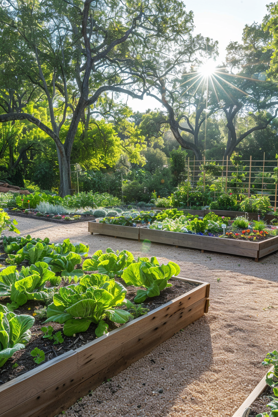 Raised garden bed with organized plant layout.