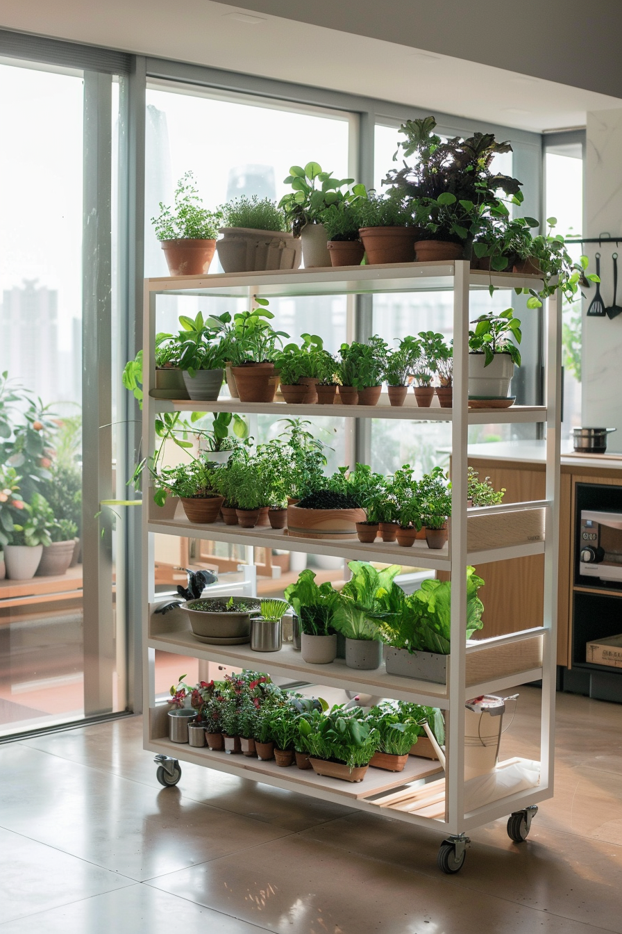 Modular indoor garden with movable planters.