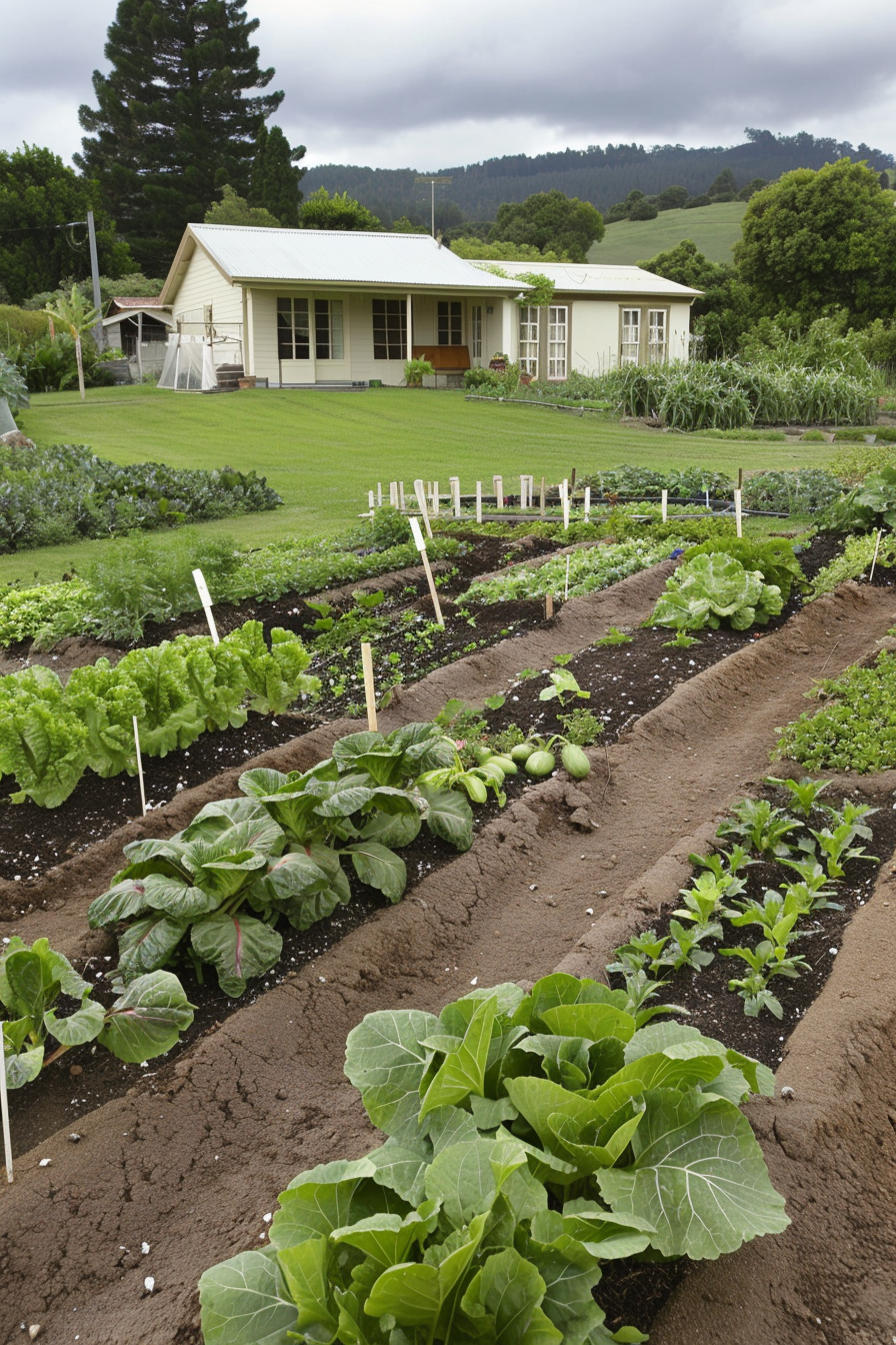 Square-foot gardening layout with neat rows of plants.