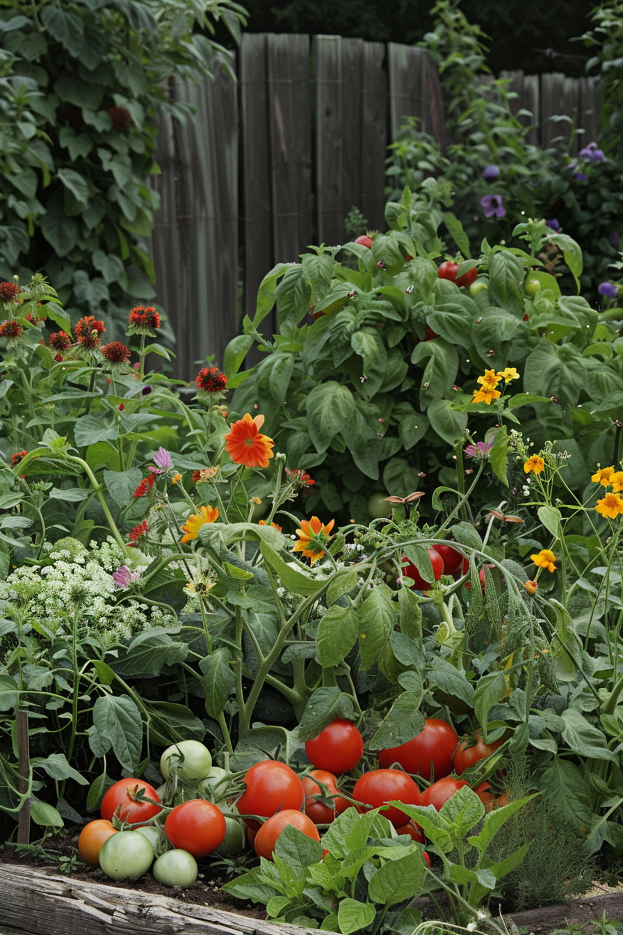 Companion planting of basil and tomatoes in a garden.
