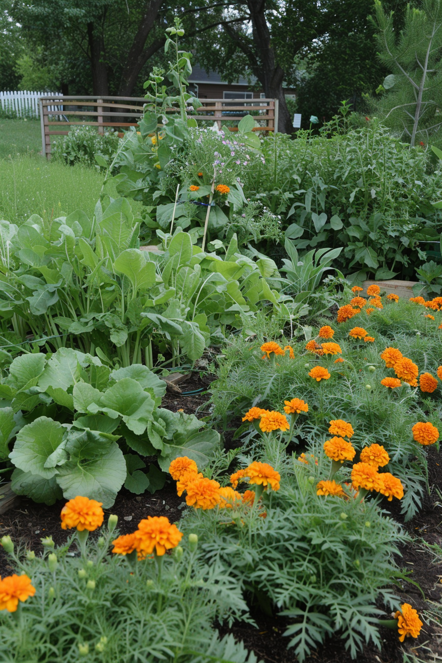 Garden bed with marigolds and vegetables planted together.