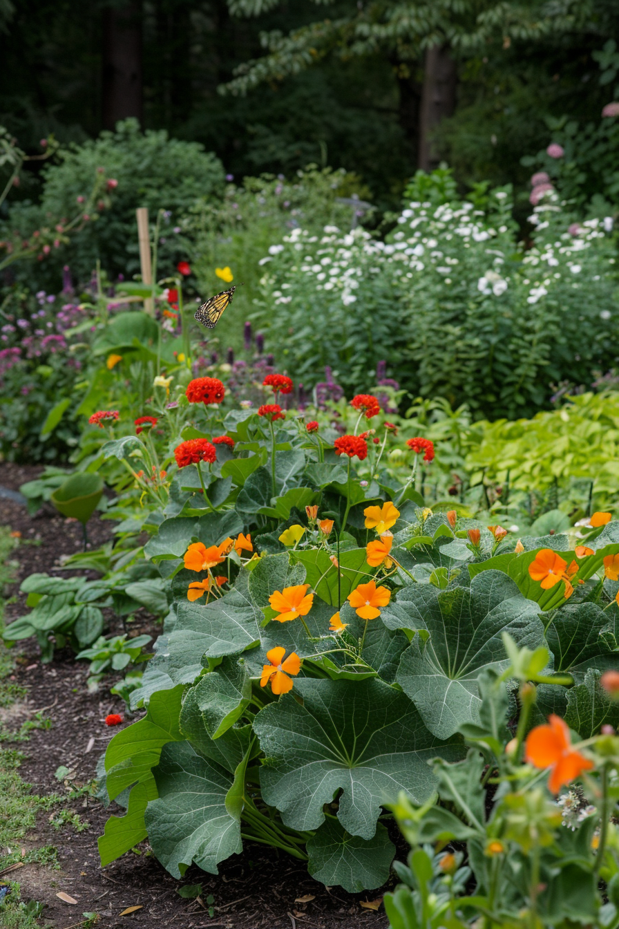 Garden with flowering nasturtiums and leafy greens.