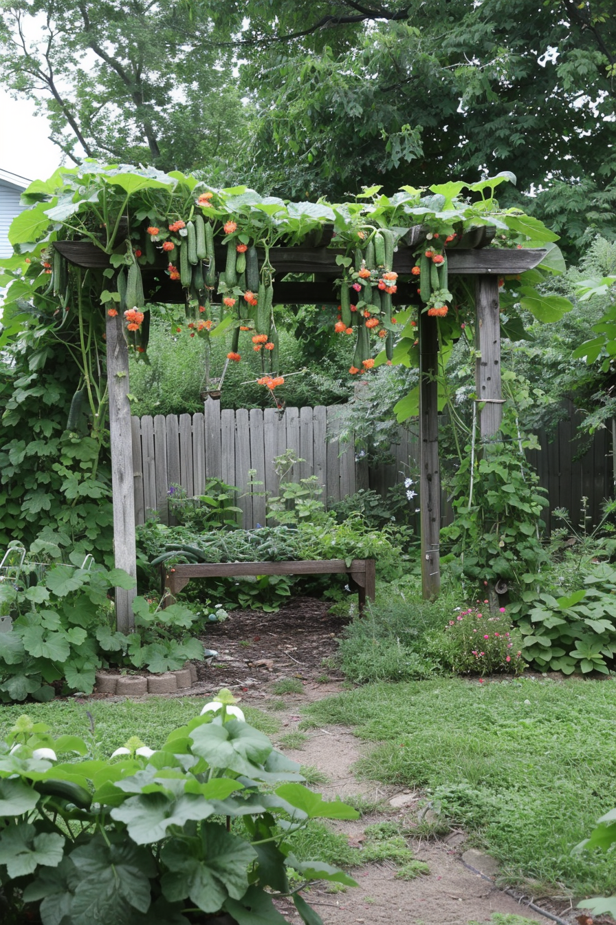 Outdoor vertical garden with climbing cucumbers on an arbor.