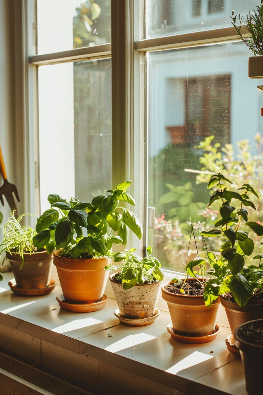 Indoor herbs like basil and mint growing in pots.