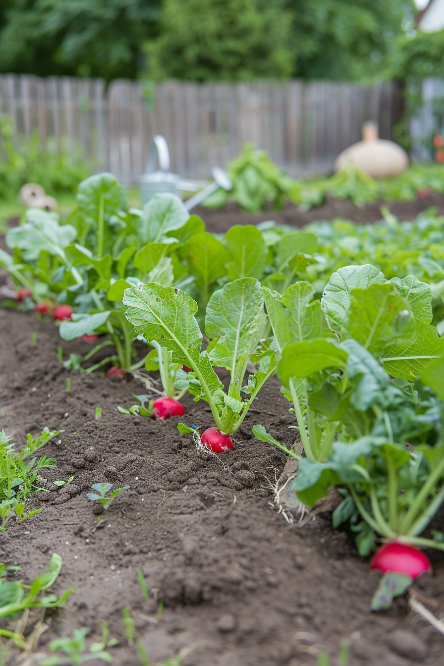 Small garden bed with rows of leafy greens and radishes.