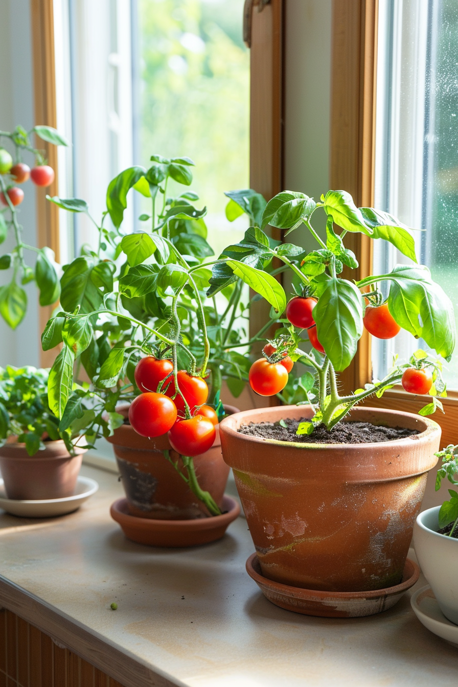 Cherry tomatoes and spinach growing in a sunny kitchen corner.