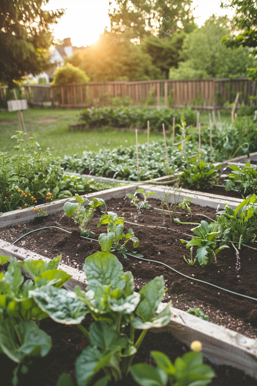 Drip irrigation system watering a garden bed.