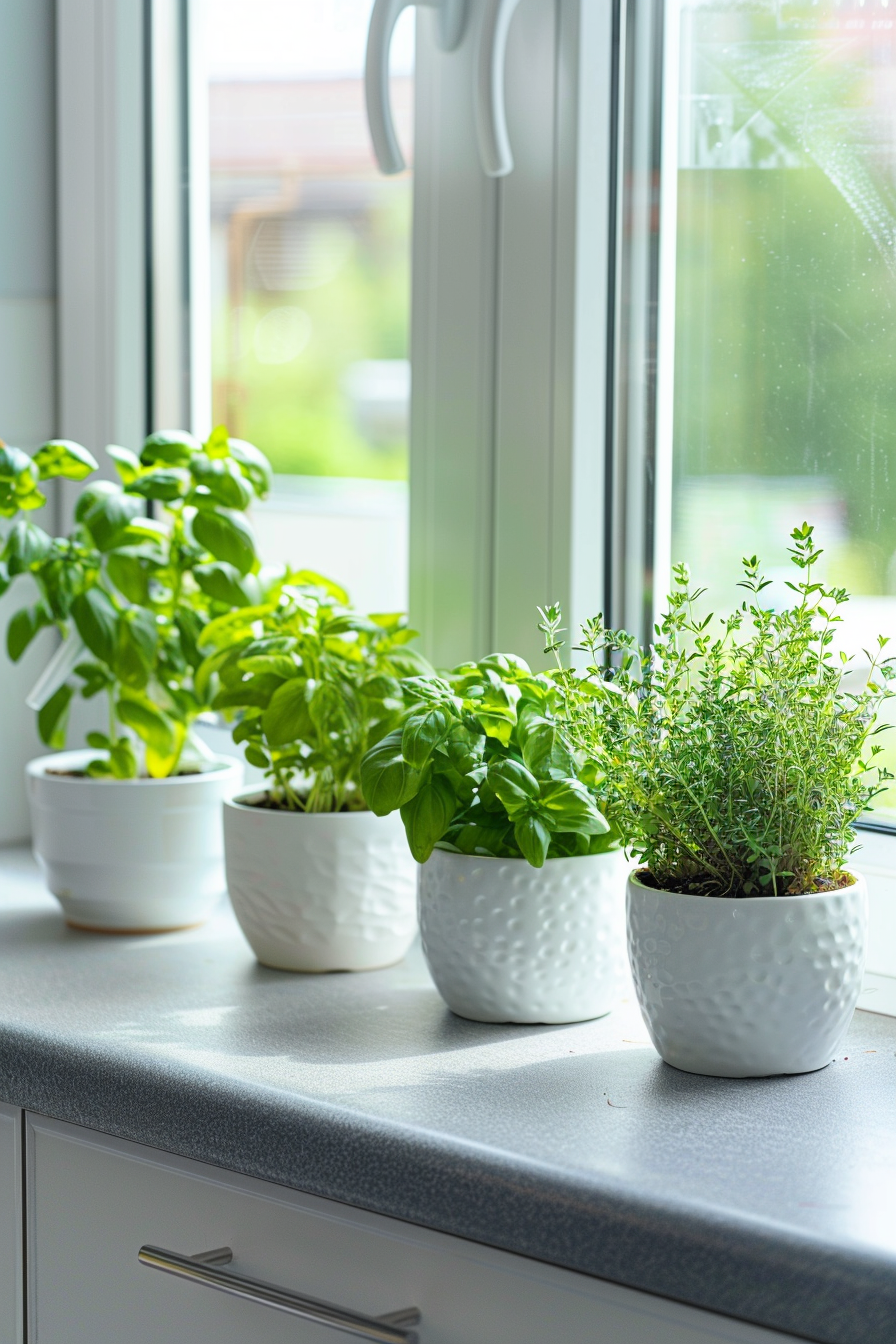 Indoor herbs in self-watering pots on a kitchen windowsill.