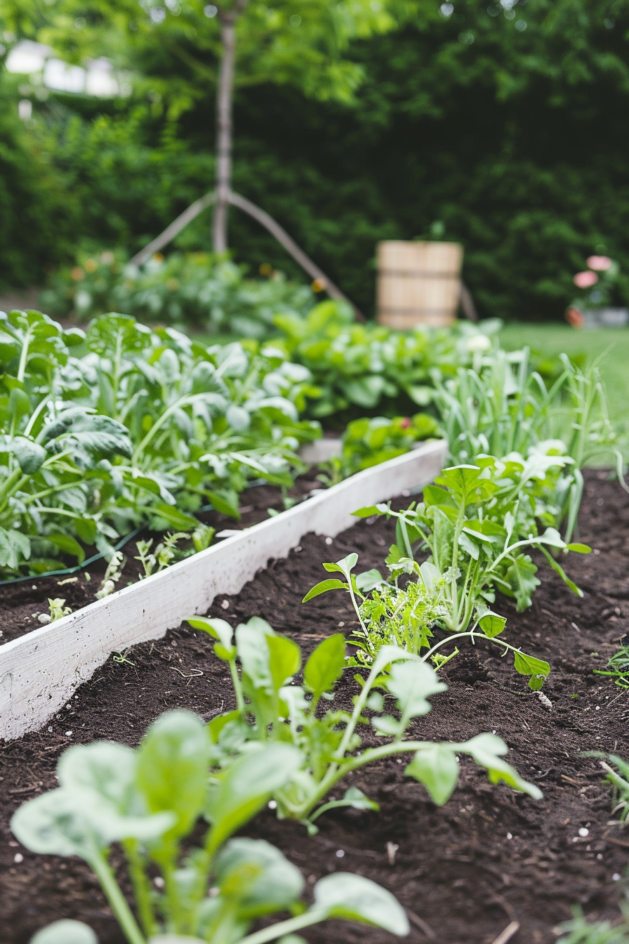 Garden bed with rich, dark soil and healthy plants.