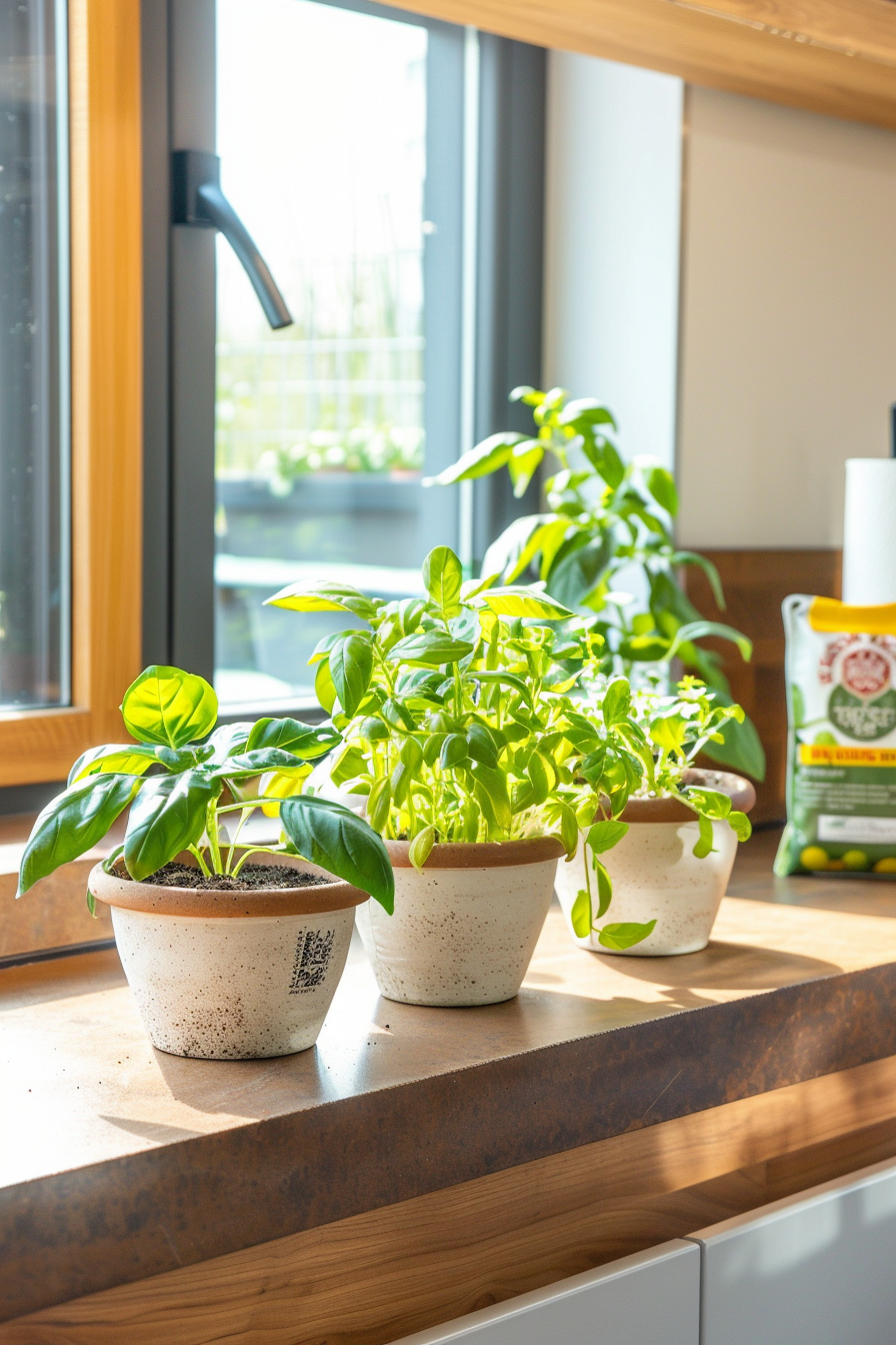 Indoor plants growing in rich, dark potting mix.