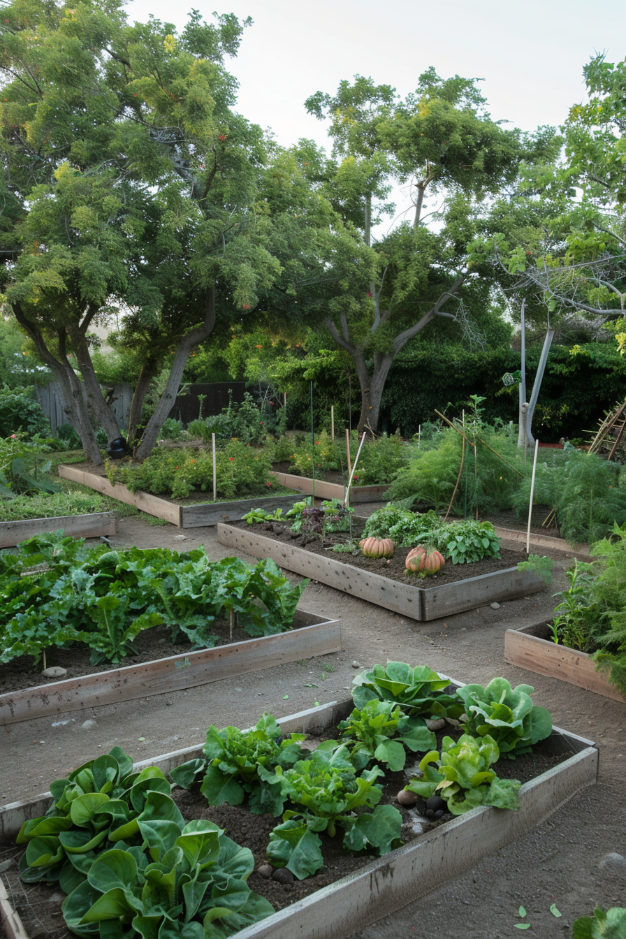 Garden bed with seasonal crops at different stages.