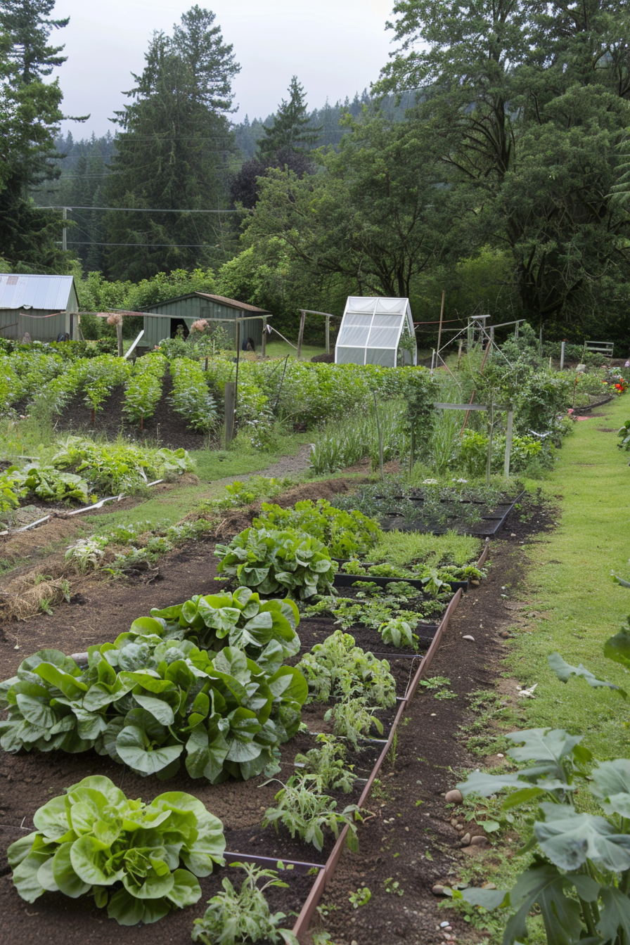 Backyard garden with cold frames and row covers for frost protection.