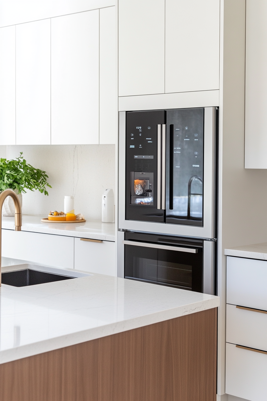 Smart kitchen with integrated appliances and voice-activated assistants
