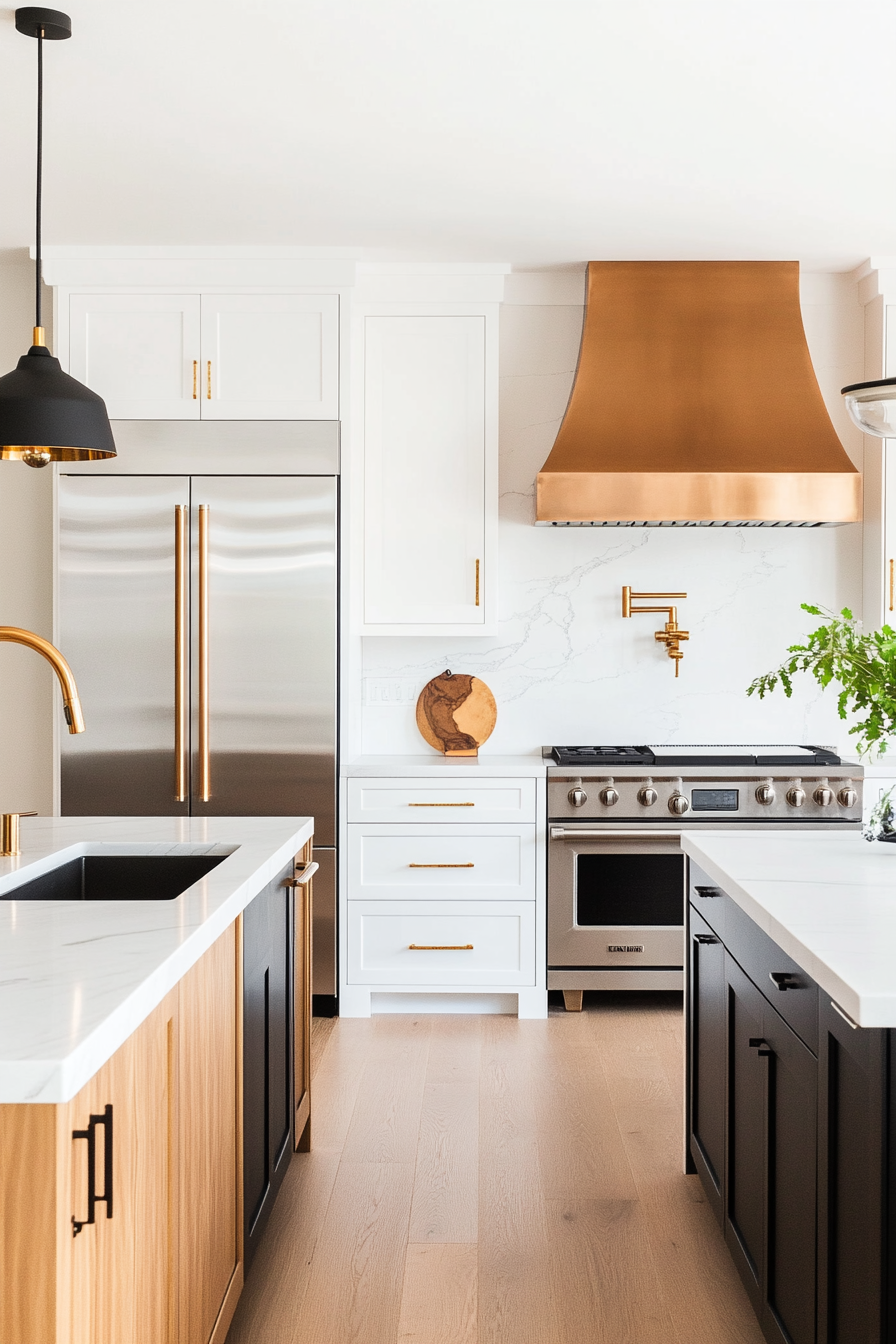 Kitchen with mixed metal finishes including brass and stainless steel