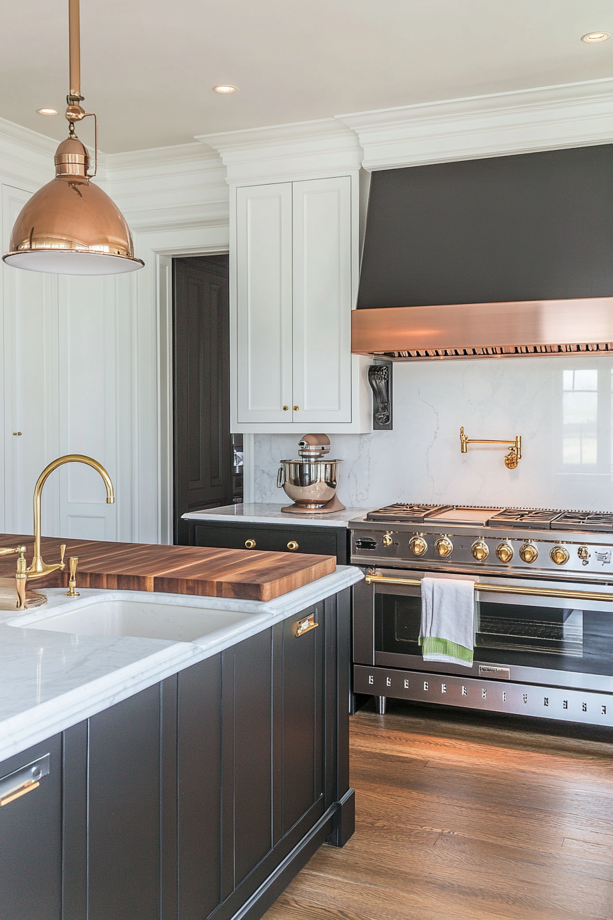 Kitchen with mixed metal finishes including brass and stainless steel