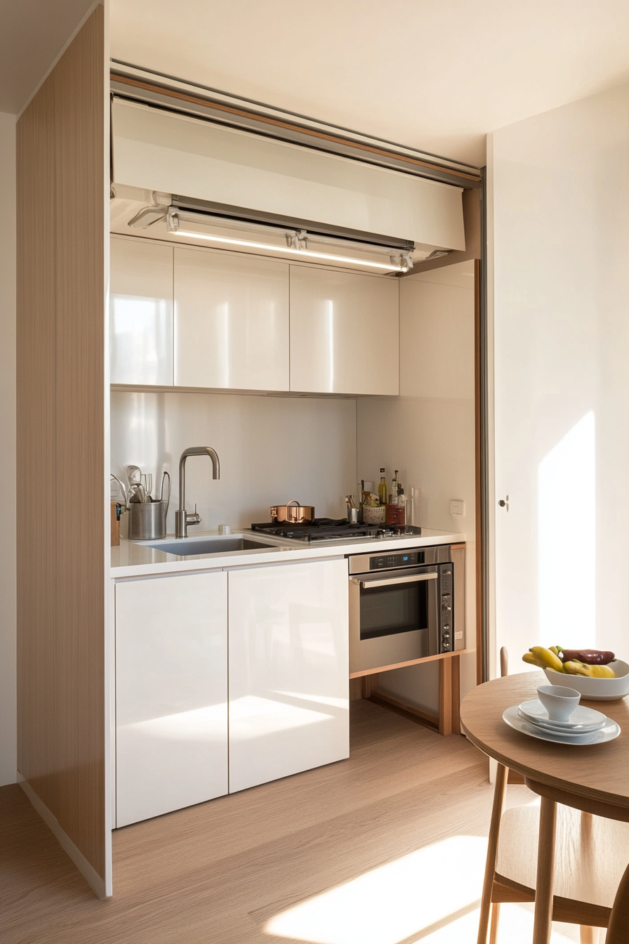 Compact kitchen with light-colored cabinetry and slimline appliances