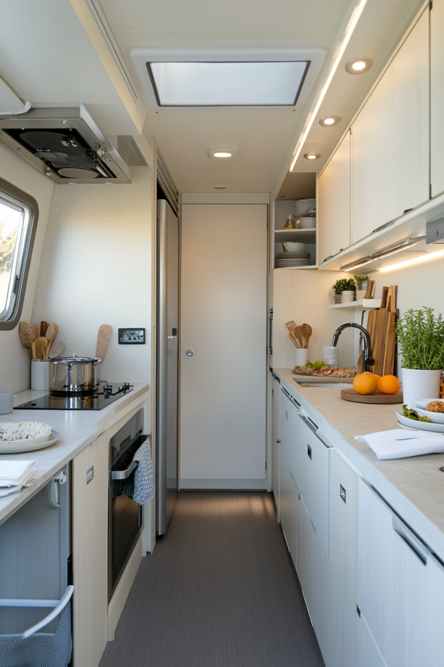 Compact kitchen with light-colored cabinetry and slimline appliances
