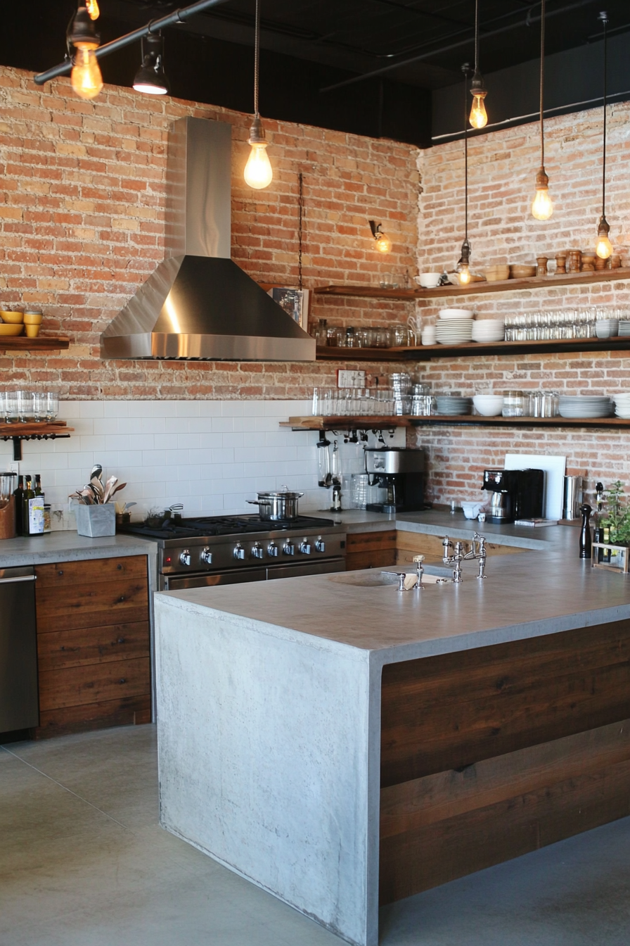 Industrial-style kitchen with exposed brick walls and stainless steel appliances