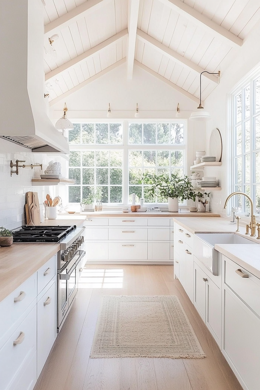 Scandinavian-inspired kitchen with white cabinets and wooden countertops
