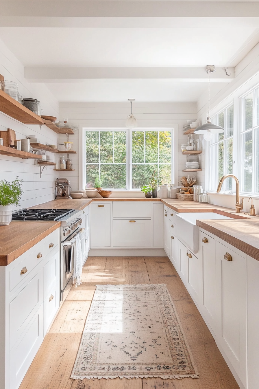 Scandinavian-inspired kitchen with white cabinets and wooden countertops