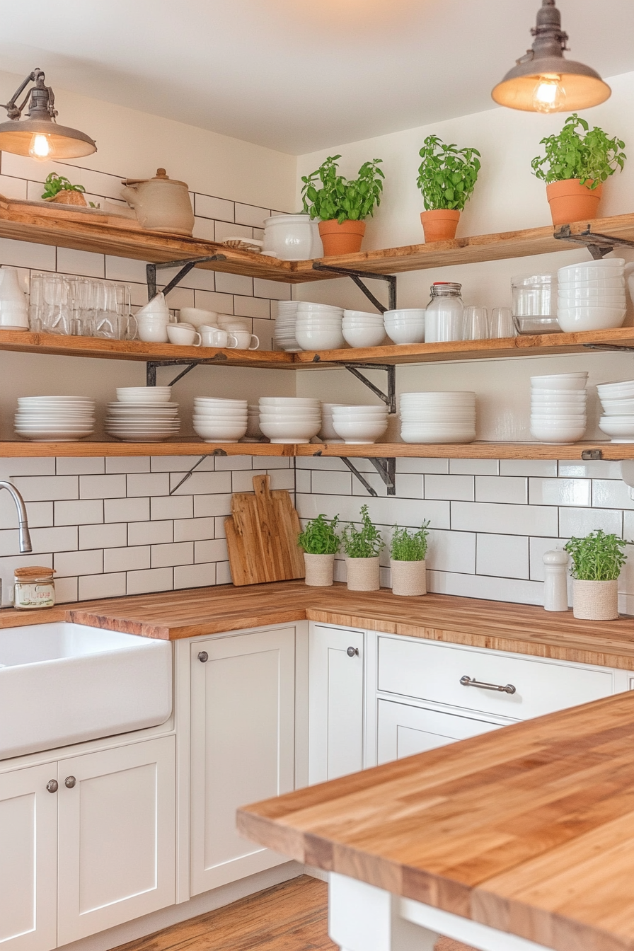 Kitchen with open shelving and rustic decor
