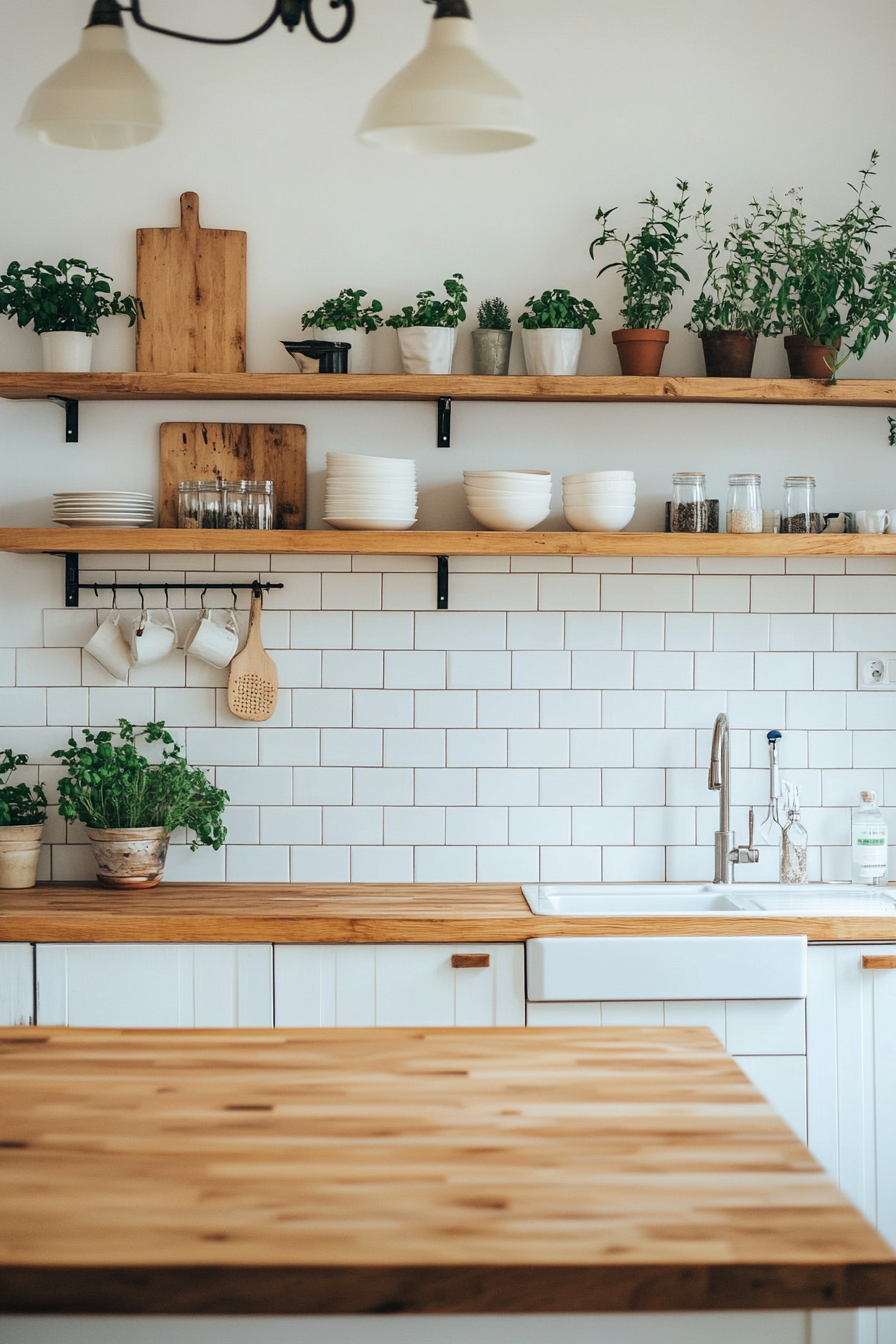 Kitchen with open shelving and rustic decor